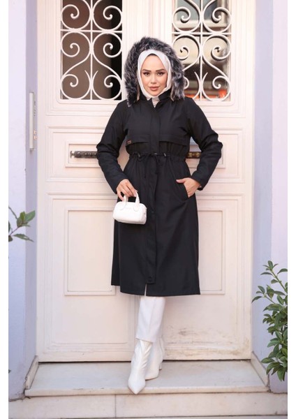 Kürklü Kapşonlu Siyah Tesettür Parka 60650S fiyatları