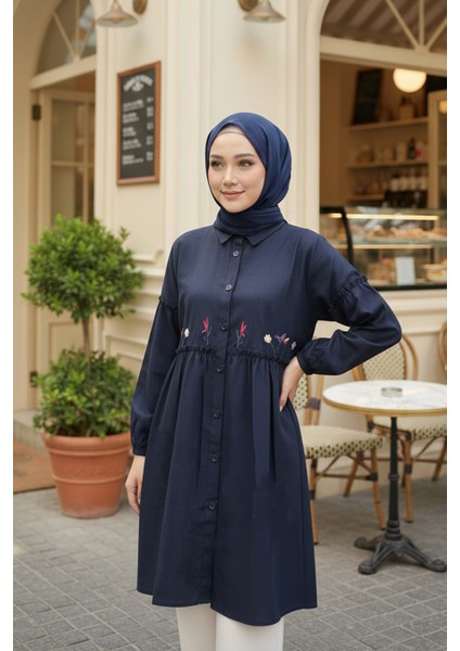 Nakış Desenli Lacivert Tesettür Tunik 40603L