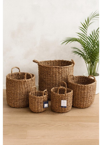 5'li Hasır El Örmesi Sepet 5 Adet Organizer Düzenleyici Çok Amaçlı Sepet