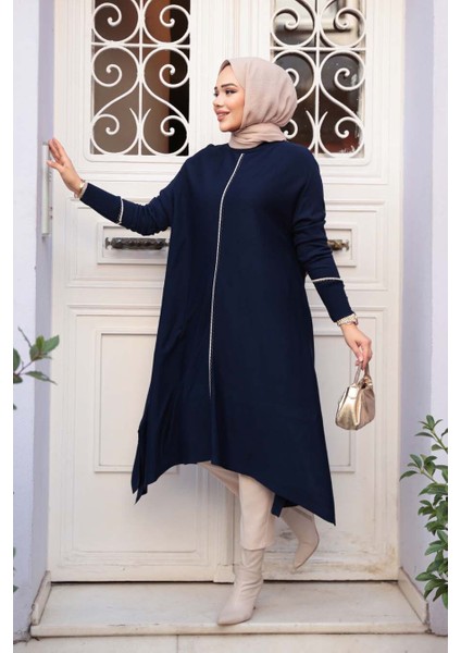 Lacivert Tesettür Triko Panço Tunik 58651L