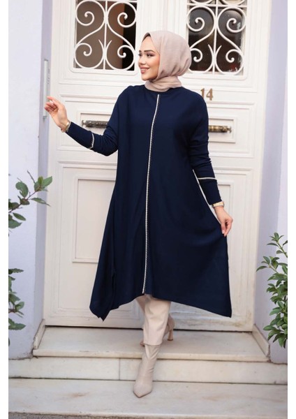 Lacivert Tesettür Triko Panço Tunik 58651L fiyatları