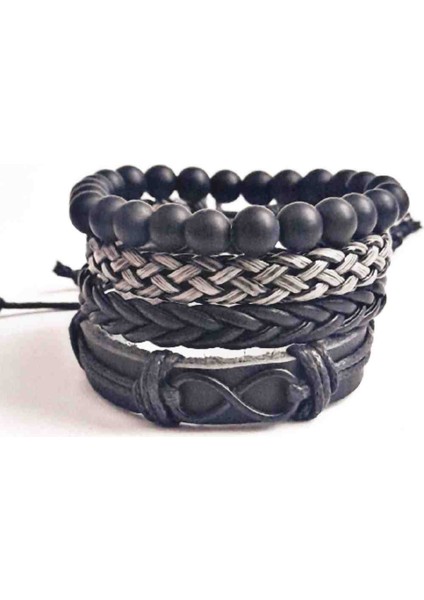 4 Adet Bileklik Sonsuzluk Siyah Figürlü Premium Hakiki Deri Bileklik Erkek Bileklik