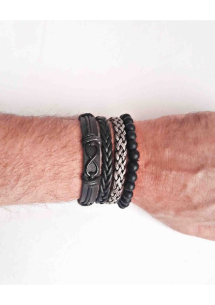 4 Adet Bileklik Sonsuzluk Siyah Figürlü Premium Hakiki Deri Bileklik Erkek Bileklik modelleri