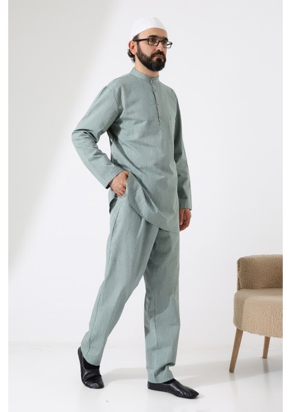 Erkek Tek Cepli Gömlek Pantolon Ikili Takım Hac ve Umre Kıyafeti Yeşil (Vşn)