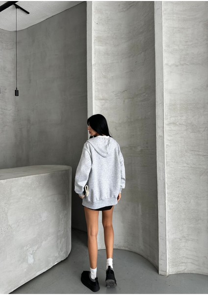 Fermuarlı Kapüşonlu Oversize Hırka