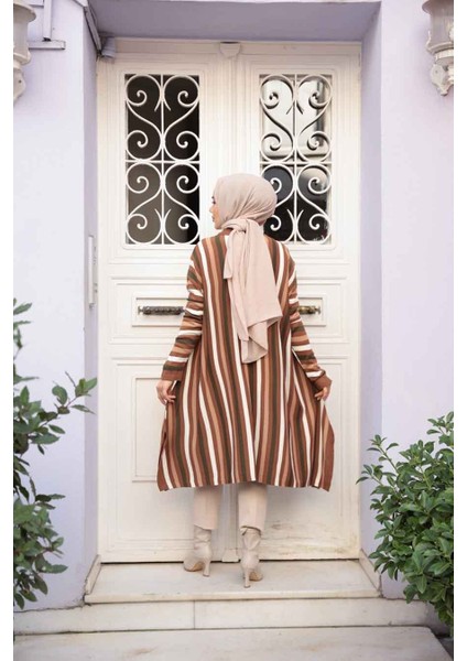 Çizgili Taba Tesettür Triko Panço Tunik 56751TB modelleri