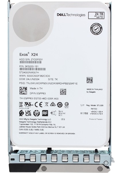 Technlogies Exos X24 24TB 7.2k 12G Nl Sas 3.5" 512E 3.5" Sunucu Harddisk ST24000NM007H 0GPP63