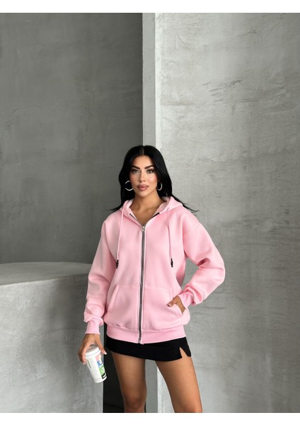 Fermuarlı Kapüşonlu Oversize Hırka