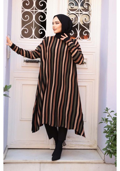 Çizgili Siyah Tesettür Triko Panço Tunik 56751S