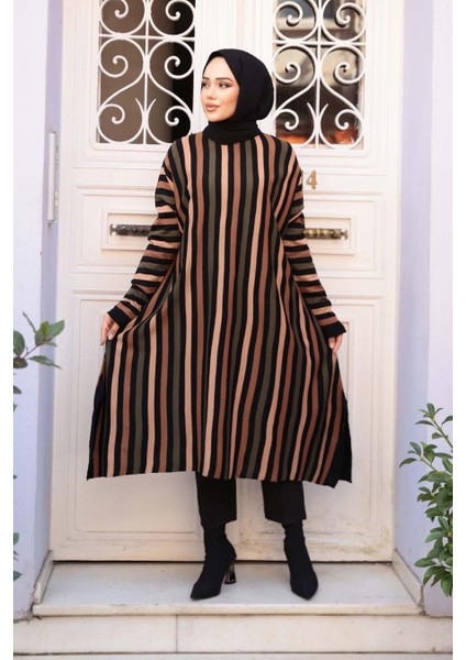 Çizgili Siyah Tesettür Triko Panço Tunik 56751S fiyatları