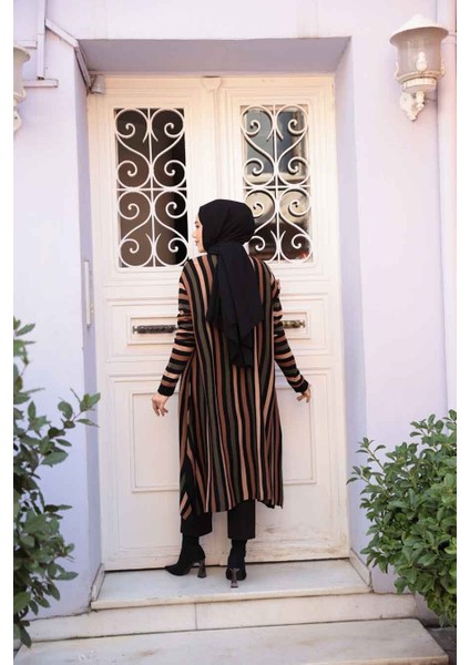 Çizgili Siyah Tesettür Triko Panço Tunik 56751S modelleri