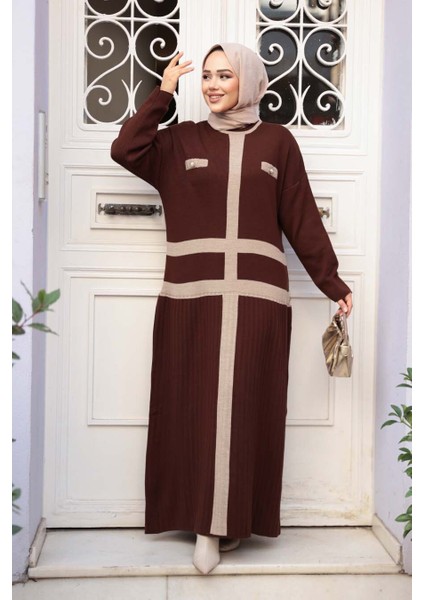 Kahverengi Triko Tesettür Elbise 27503KH