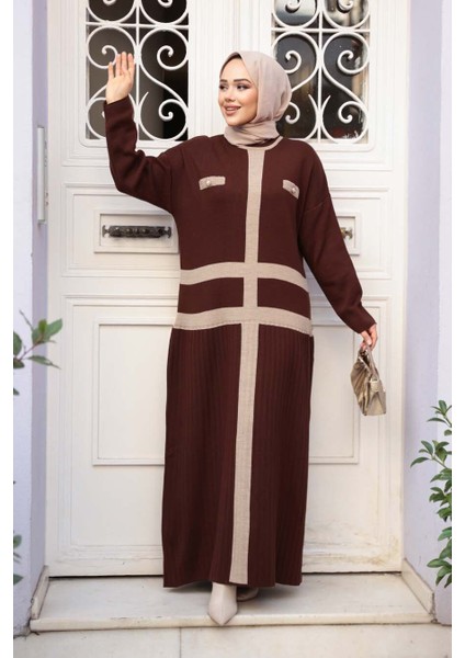 Kahverengi Triko Tesettür Elbise 27503KH fiyatları