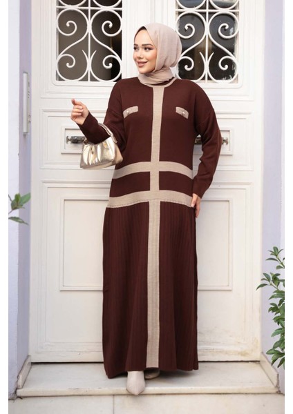 Kahverengi Triko Tesettür Elbise 27503KH modelleri