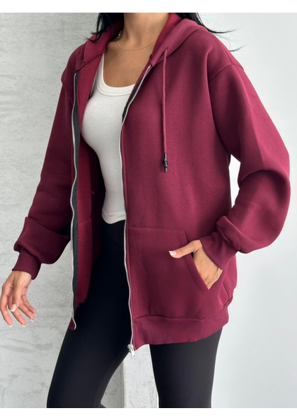 Fermuarlı Kapüşonlu Oversize Hırka