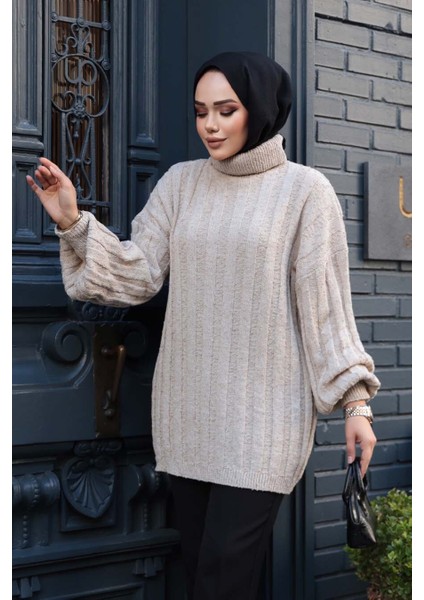 Bej Tesettür Triko Kazak Tunik 27502BEJ