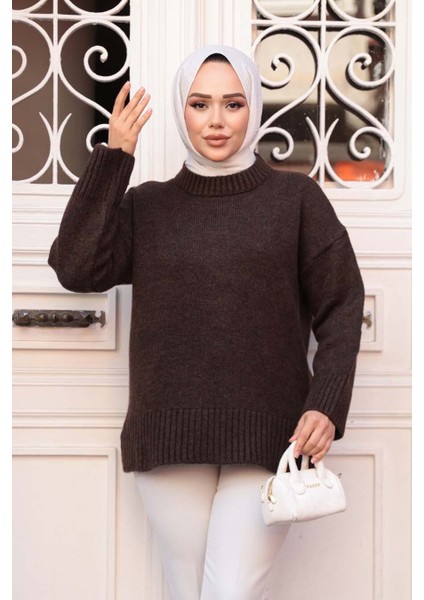 Koyu Kahverengi Tesettür Triko Kazak Tunik 55551KKH