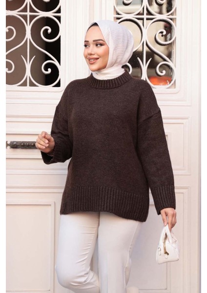 Koyu Kahverengi Tesettür Triko Kazak Tunik 55551KKH modelleri