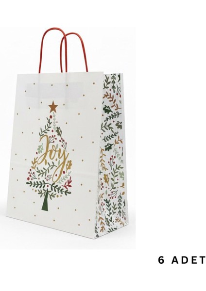 Yılbaşı Çam Desenli Kağıt Çanta, Yeniyıl Kırmızı Saplı Hediye Poşeti, 12X25X31 cm - 6 Adet, Beyaz