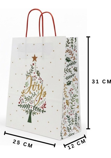 Yılbaşı Çam Desenli Kağıt Çanta, Yeniyıl Kırmızı Saplı Hediye Poşeti, 12X25X31 cm - 6 Adet, Beyaz fiyatları