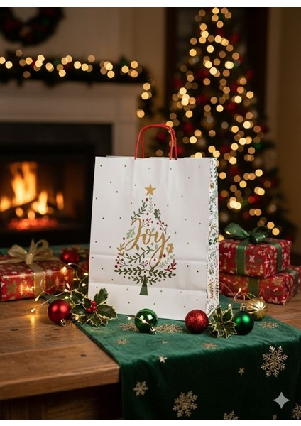 Yılbaşı Çam Desenli Kağıt Çanta, Yeniyıl Kırmızı Saplı Hediye Poşeti, 12X25X31 cm - 6 Adet, Beyaz modelleri