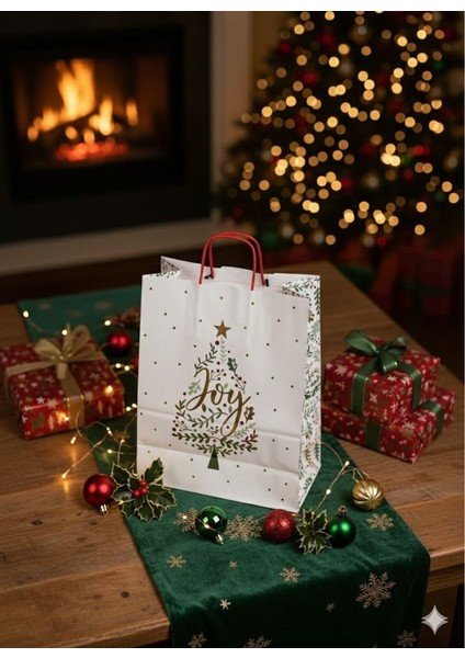 Yılbaşı Çam Desenli Kağıt Çanta, Yeniyıl Kırmızı Saplı Hediye Poşeti, 12X25X31 cm - 6 Adet, Beyaz indirimleri
