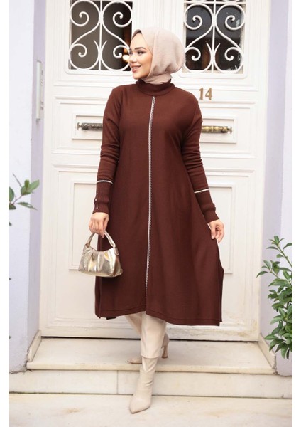 Kahverengi Tesettür Triko Panço Tunik 58651KH