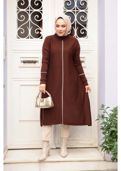 Kahverengi Tesettür Triko Panço Tunik 58651KH fiyatları