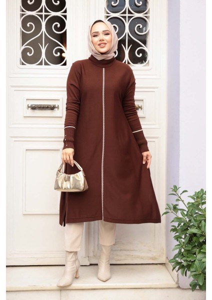 Kahverengi Tesettür Triko Panço Tunik 58651KH modelleri