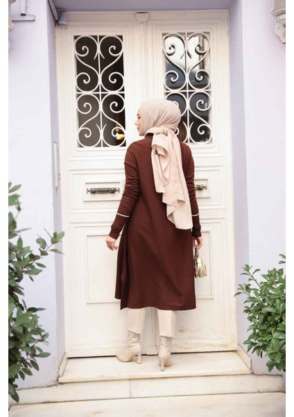 Kahverengi Tesettür Triko Panço Tunik 58651KH fırsatları
