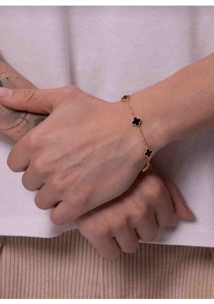 Gold Siyah Orta Boy Unisex Kadın Erkek Çelik Bileklik