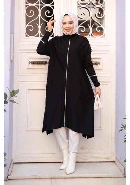 Siyah Tesettür Triko Panço Tunik 58651S