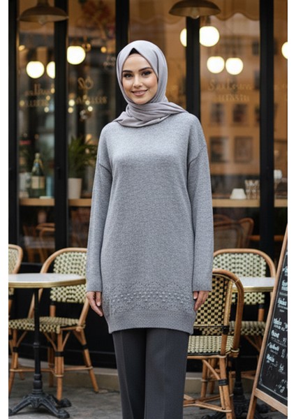 Desenli Gri Tesettür Triko Kazak Tunik 20023GR