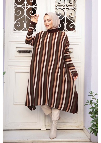 Çizgili Kahverengi Tesettür Triko Panço Tunik 56751KH
