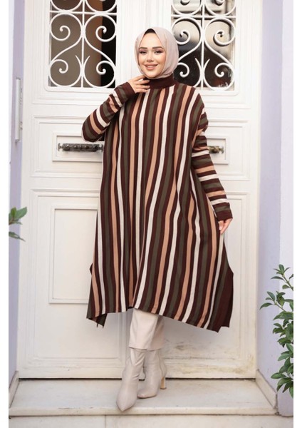 Çizgili Kahverengi Tesettür Triko Panço Tunik 56751KH fiyatları