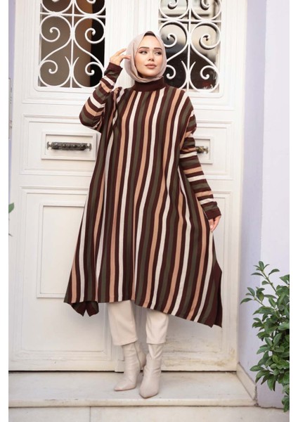 Çizgili Kahverengi Tesettür Triko Panço Tunik 56751KH modelleri