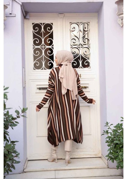 Çizgili Kahverengi Tesettür Triko Panço Tunik 56751KH fırsatları