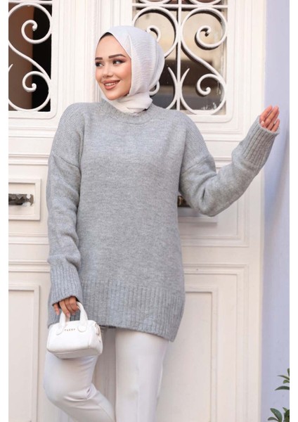 Gri Tesettür Triko Kazak Tunik 55551GR