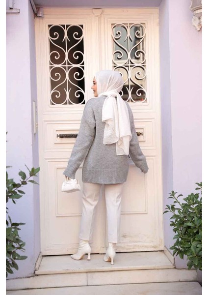 Gri Tesettür Triko Kazak Tunik 55551GR modelleri