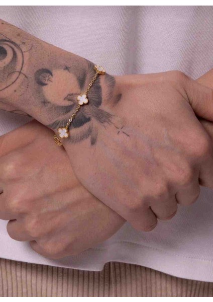 Gold Beyaz Orta Boy Unisex Kadın Erkek Çelik Bileklik