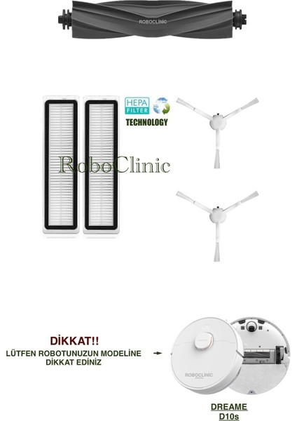 Dreame Bot D10S Robot Süpürge Uyumlu Yedek Ana Fırça, Yan Fırça, Hepa Filtre - 5 Parça