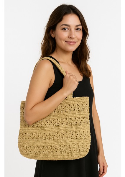 0844 El Örgüsü Simli Kağıt Ip Omuz Çantası / 38 cm x 30 cm