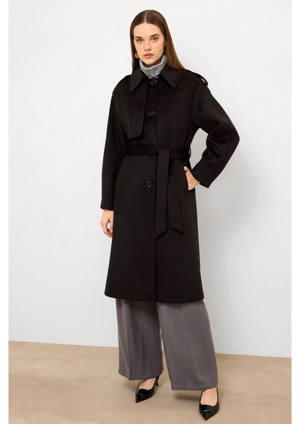 Gömlek Yaka Punto Dikiş Detaylı Premium Kaban Siyah 3125