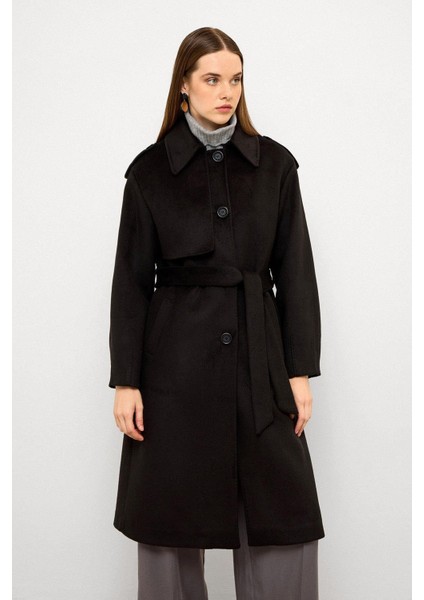 Gömlek Yaka Punto Dikiş Detaylı Premium Kaban Siyah 3125