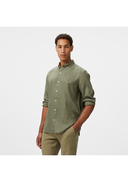 Erkek Yeşil Classic Fit Keten Gömlek