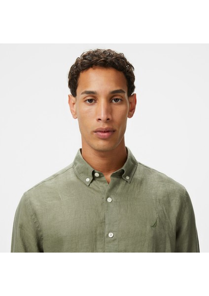 Erkek Yeşil Classic Fit Keten Gömlek fırsatları