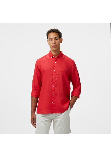 Erkek Kırmızı Classic Fit Keten Gömlek
