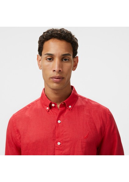 Erkek Kırmızı Classic Fit Keten Gömlek fırsatları