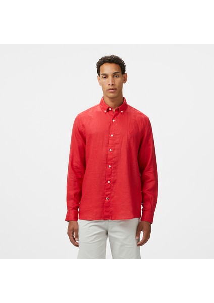 Erkek Kırmızı Classic Fit Keten Gömlek indirimleri