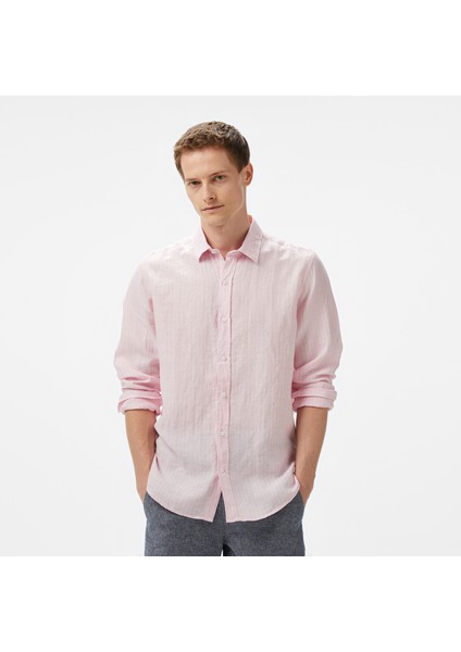 Erkek Pembe Classic Fit Çizgili Keten Gömlek